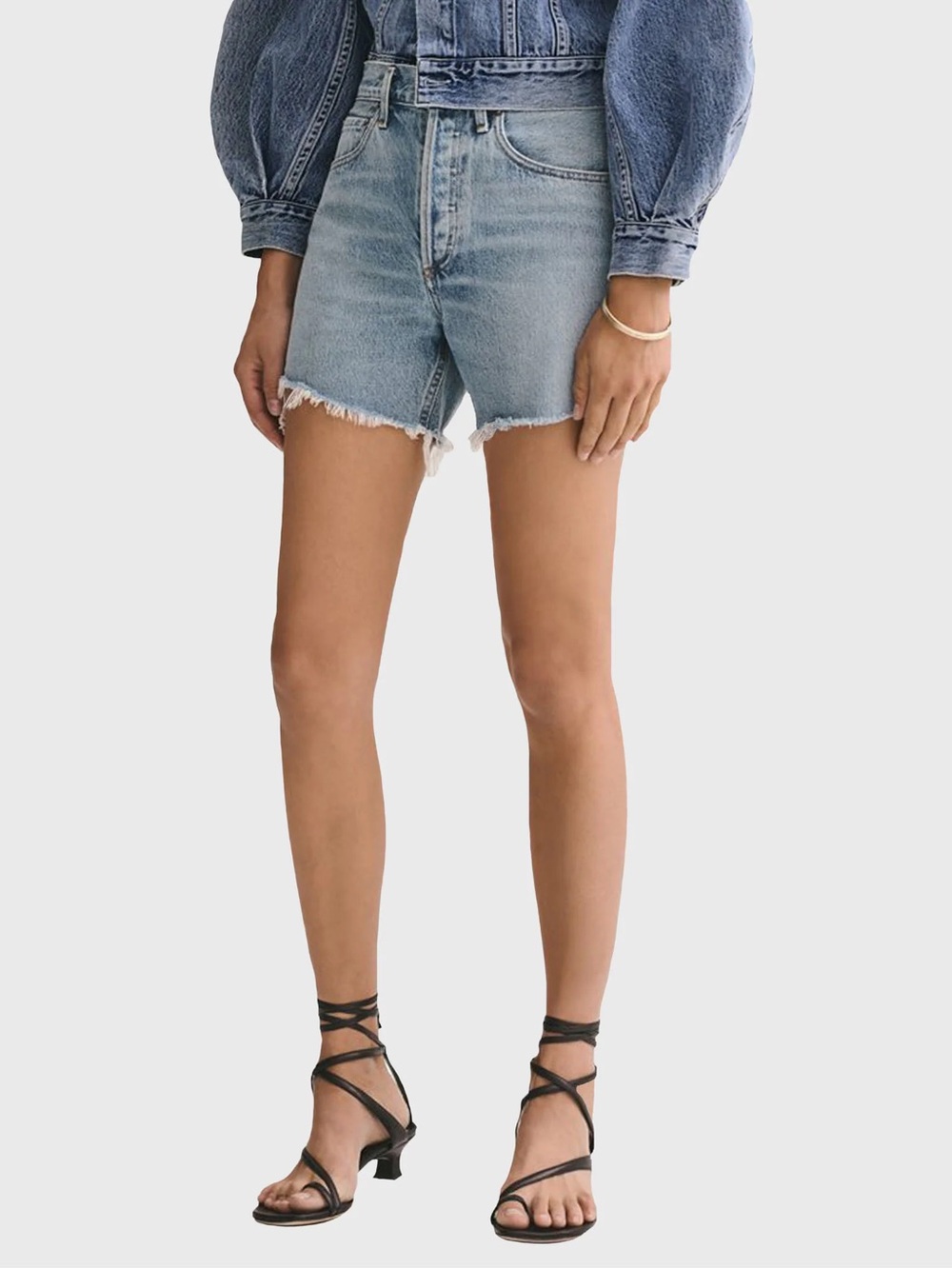 Agolde Reese High-Rise Frayed Hem Denim Shorts - Light Blue